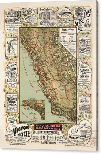 Map Of California Roads For Cyclers, 1895 - Canvas Print