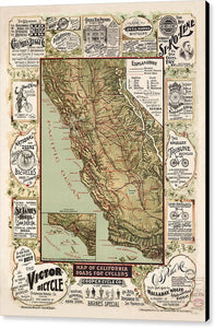 Map Of California Roads For Cyclers, 1895 - Canvas Print