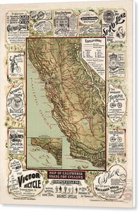 Map Of California Roads For Cyclers, 1895 - Canvas Print