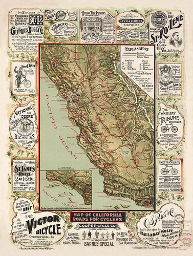 Map Of California Roads For Cyclers, 1895 - Art Print