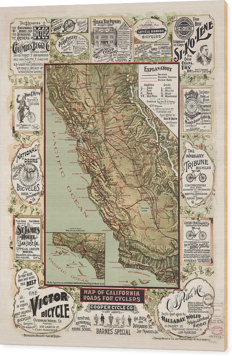 Map Of California Roads For Cyclers, 1895 - Wood Print