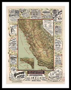 Map Of California Roads For Cyclers, 1895 - Framed Print