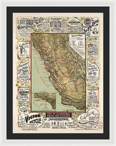 Map Of California Roads For Cyclers, 1895 - Framed Print