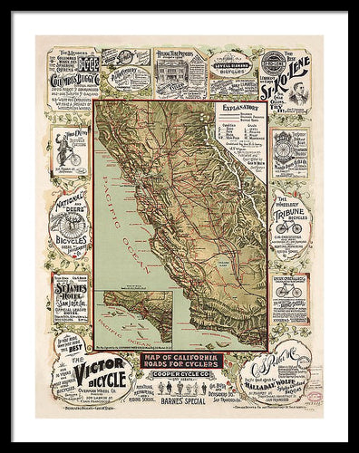 Map Of California Roads For Cyclers, 1895 - Framed Print