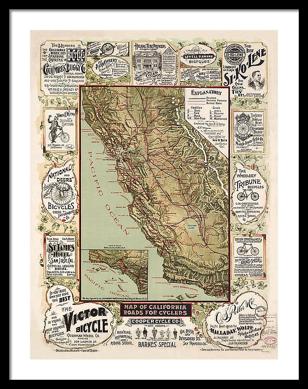 Map Of California Roads For Cyclers, 1895 - Framed Print