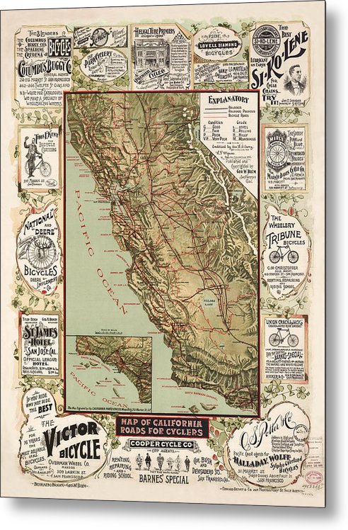 Map Of California Roads For Cyclers, 1895 - Metal Print