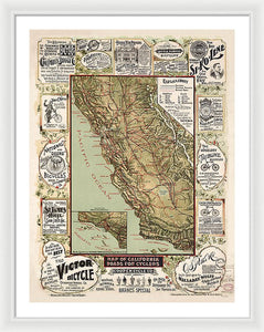 Map Of California Roads For Cyclers, 1895 - Framed Print