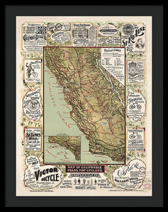 Map Of California Roads For Cyclers, 1895 - Framed Print