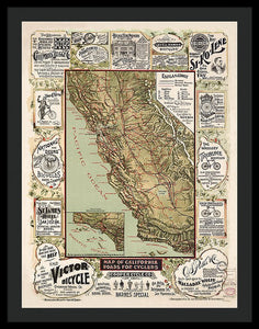 Map Of California Roads For Cyclers, 1895 - Framed Print